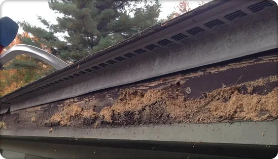 Roof gutter filled with dirt and organic debris along the edge of a house